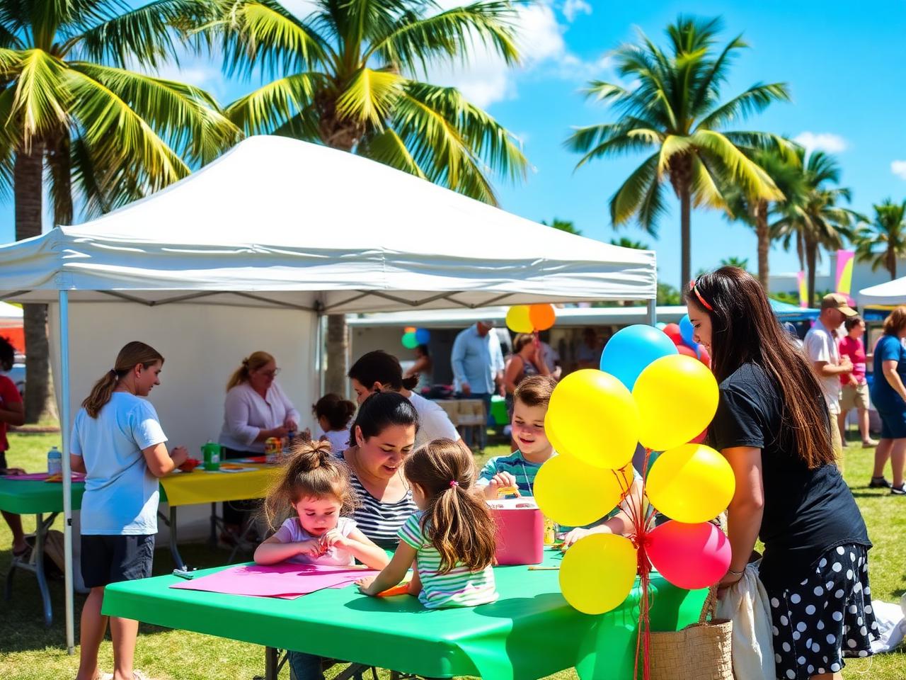 Outdoor family community event with craft tables and balloons