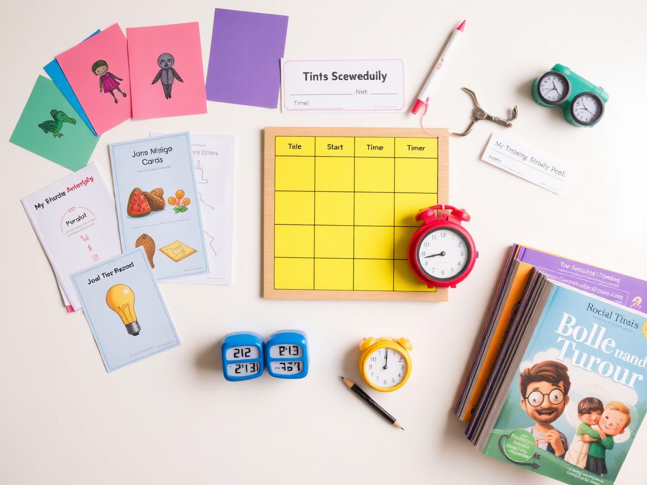 Visual schedules, timers and social story books laid out on a table