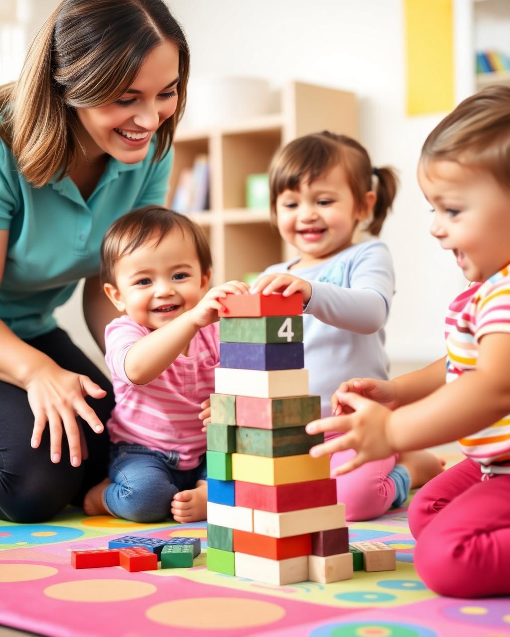 Technician guiding two toddlers building a block tower