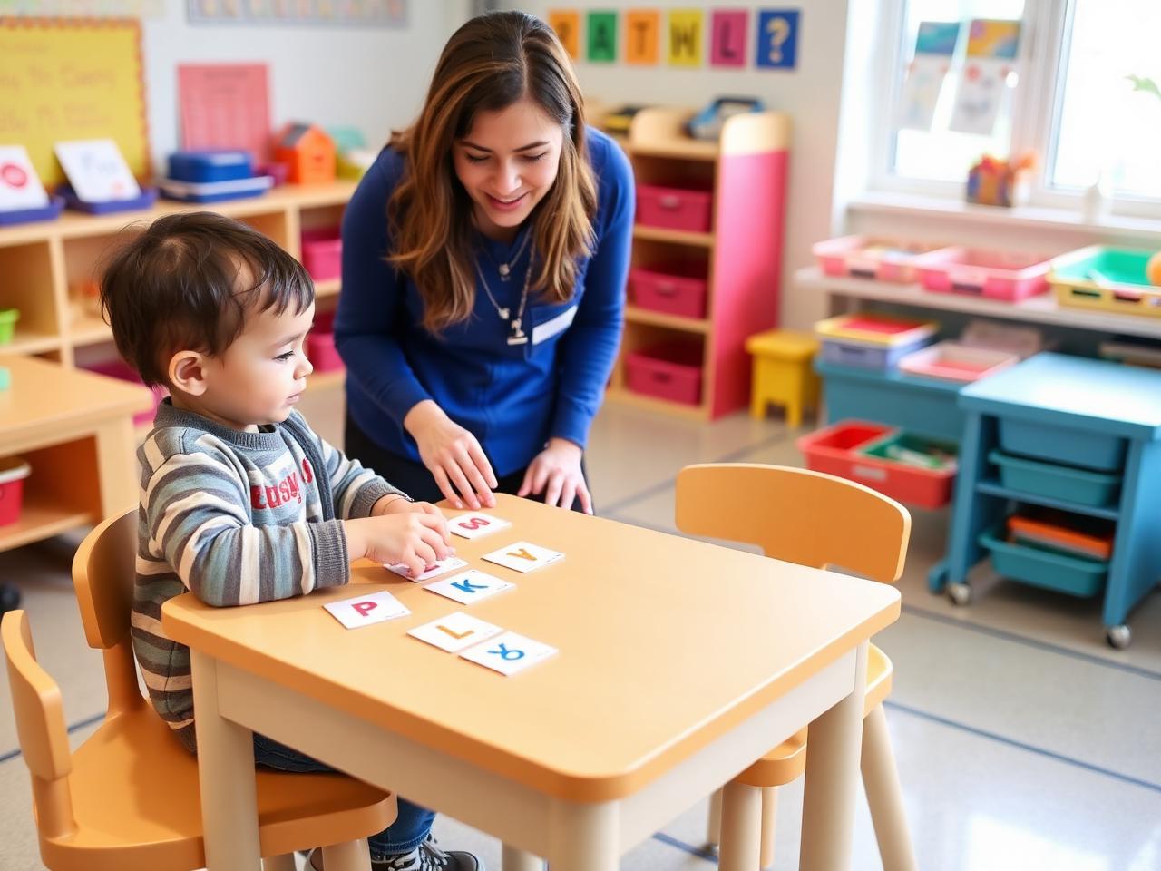 Child practicing letter matching in a preschool classroom
