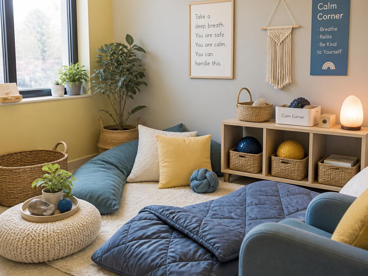Calming sensory corner with cushions and sensory baskets